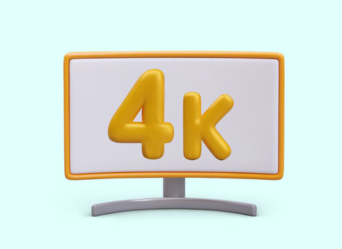 Realistic monitor with 4x sign. Curved plasma screen for watching films in high quality. Vector composition for advertising service, equipment, gadgets