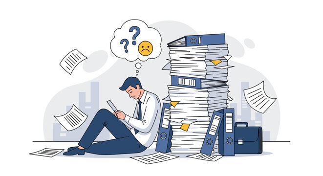 Stressed businessman sitting on the floor next to a huge stack of blue folders and files while feeling overwhelmed by work.