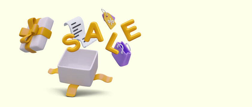 Holiday sale concept. Open gift box, bow, gold letters, label with percent sign, bag. Grand discounts, promotional offer. Creative announcement in 3D cartoon style