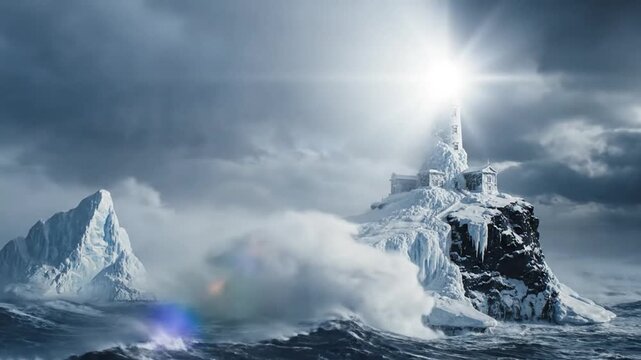Lighthouse on icy island in stormy arctic sea with iceberg