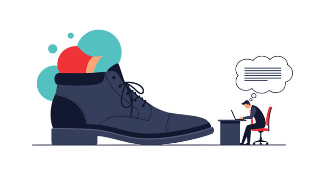 Overwhelmed tiny office employee working at a desk while a giant black shoe stands over him representing boss authority.