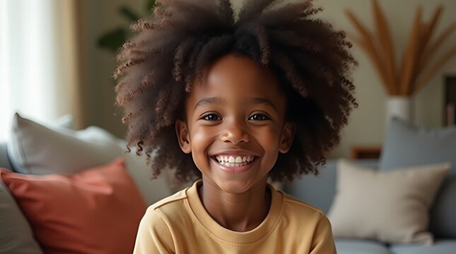 Happy Young Girl with Afro Hair Smiling in a Cozy Living Room Filled with Colorful Cushions