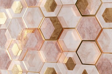 Fototapeta premium Luxurious metallic gold and rose gold hexagonal and rhomboid geometric mosaic patterns, beige marble textured background, elegant Art Deco style abstract composition.