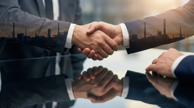 Industrial partnership double exposure logistics collaboration supply chain agreement shows handshake over factory skyline reflection on glass table symbolizing trust and strategic deal