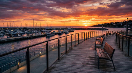 Obraz premium Empty Benches Along a Modern Coastal Harbor Boardwalk Facing a Fiery Orange Ocean Sunset View