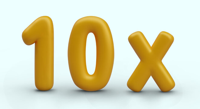 Concept 10x. Vector composition on yellow background. Mathematical operation, multiplication, acceleration, tenfold increase. Template in realistic style with gold glitter and metal texture