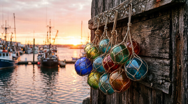 Macro close up photo of colorful glass fishing floats hanging against rustic weathered wooden wall