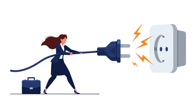 Determined businesswoman pulling a heavy power cord towards an electrical wall outlet with yellow sparks of energy flying out.