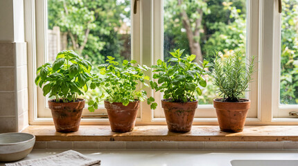 Fototapeta premium Fresh Organic Green Kitchen Herbs Including Basil Cilantro Mint Rosemary In Small Ceramic Clay Pots
