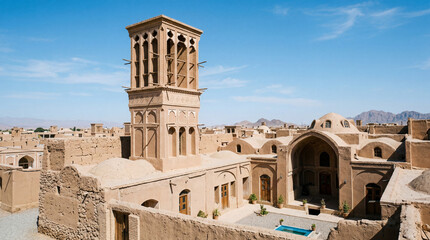 Fototapeta premium Traditional Middle Eastern windcatcher tower badgir providing sustainable natural ventilation for historic desert buildings architecture