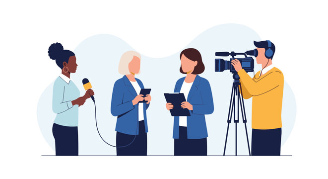 Journalist interviewing two professional women in front of a camera crew with professional video equipment in an outdoor setting.