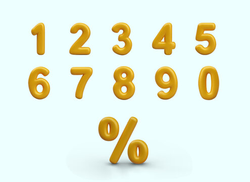 Set of golden numbers, percent sign. Vector templates for financial, mathematical operations. Elements for design of promotional offers, sale concepts, discounts
