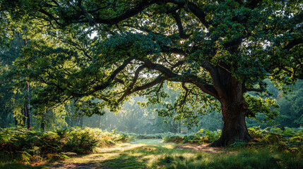 Fototapeta premium Majestic Old Tree with Broad Branches in Sunny Forest Clearing