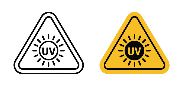 UV Radiation Warning Symbols: Two distinct warning signs indicate the presence of ultraviolet radiation. graphic element, sun icon, caution symbol, information graphic.