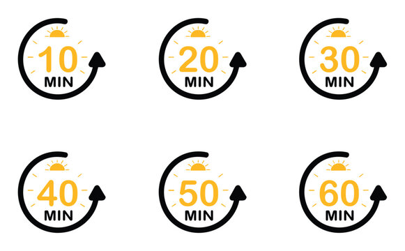 Timer Icons Set: A collection of circular timer icons illustrating various time intervals from 10 to 60 minutes. time management, deadline, countdown, scheduling, clock icon.
