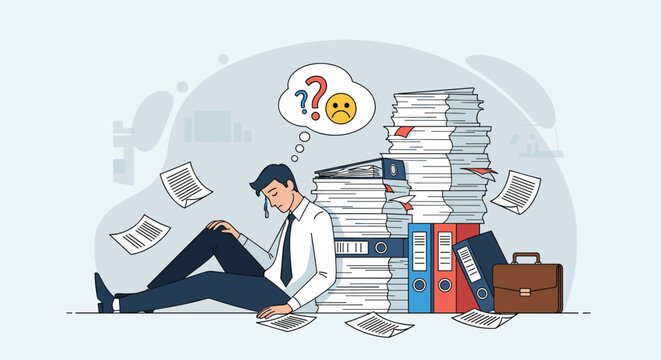 Overwhelmed businessman sitting on the office floor leaning against a massive stack of paperwork and documents feeling stressed and tired.