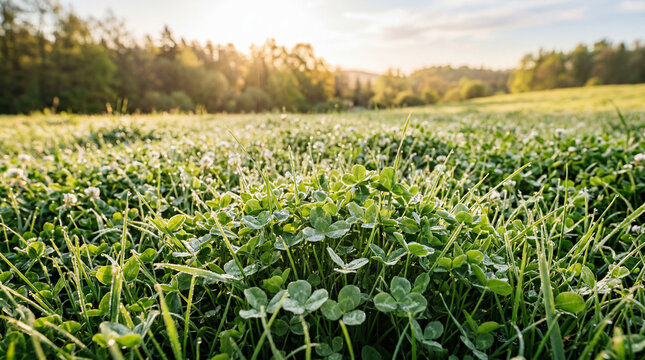 Morning Light Illuminating a Carpet of Soft Clover and Rye Grass with Delicate Natural Textures