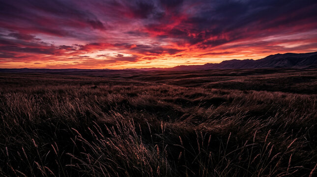 Crimson and purple sunset sky over an endless meadow of ryegrass with high contrast details