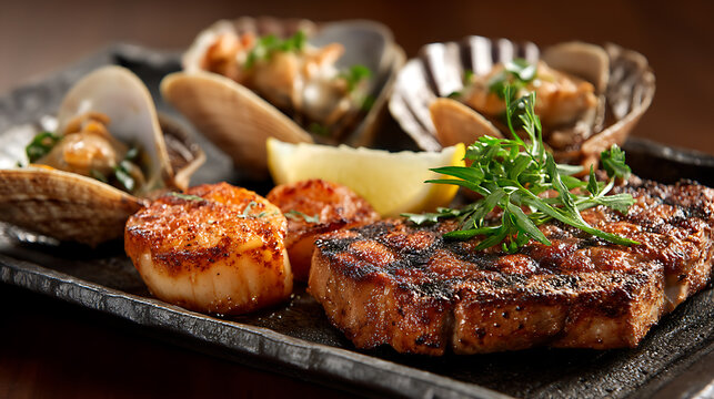 Grilled steak and cooked seafood