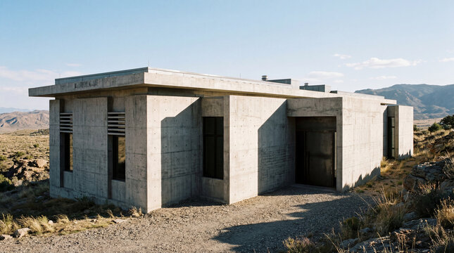 Sleek modern garrison building with a flat roof and monolithic concrete blocks casting deep shadows