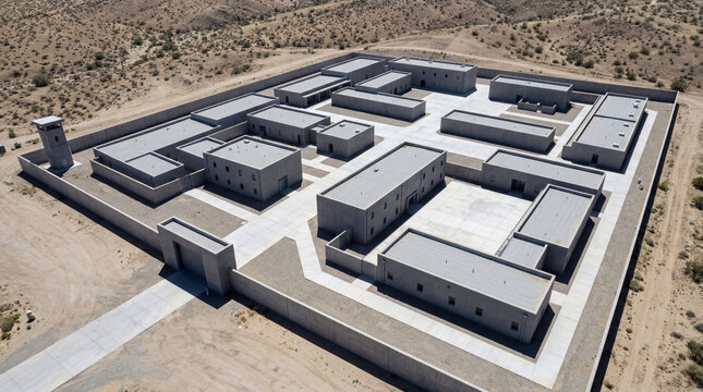 High angle drone shot of minimalist military base compound featuring clean concrete paths structural layout