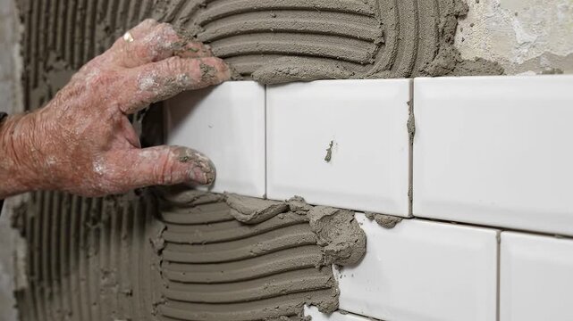Person installing white tiles on wall