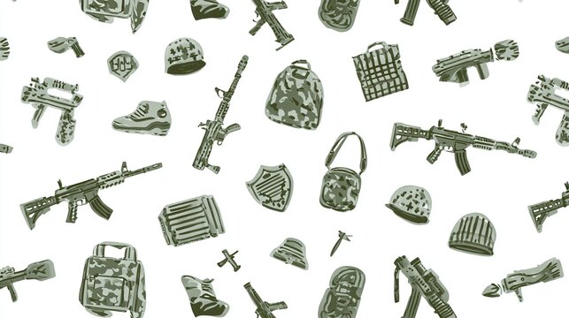 Military equipment pattern with weapons, boots, and gear on a white surface