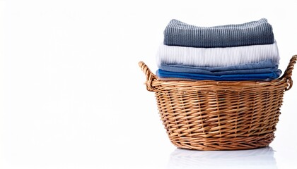 Obraz premium stack of clean clothes and wicker basket with clean laundry isolated on white background