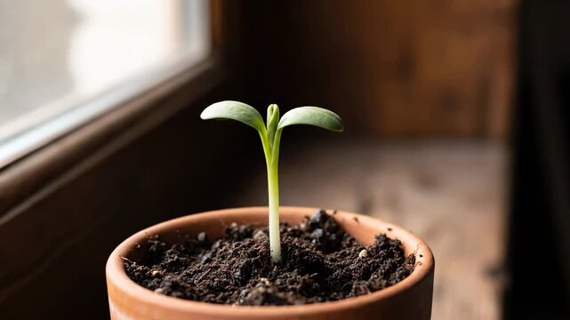 A single green sprout emerging from soil in a terracotta pot near a window