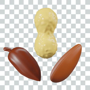 Pod with cocoa beans, peanuts in shell, pinole. Different types of superfood, organic products