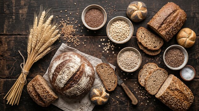: Top-Down Artisan Bread Display with Rye Multigrain Loaf Wheat Stalks and Baking Grains on Dark Wood