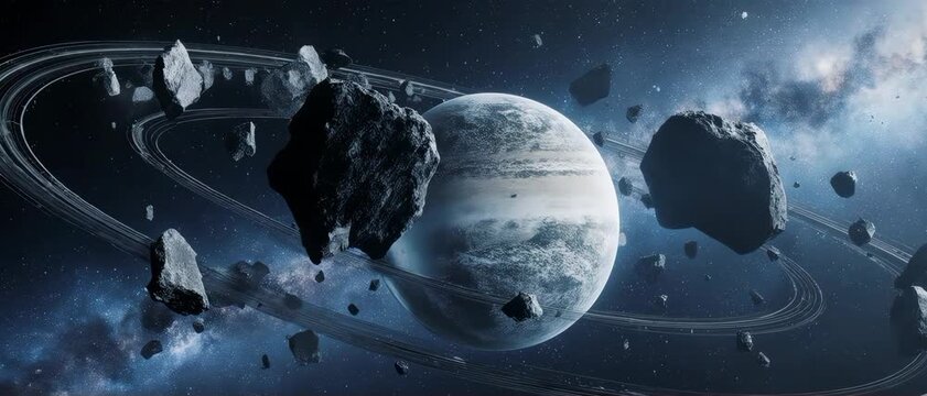 Surreal Planetary Rings of Floating Obsidian Monoliths