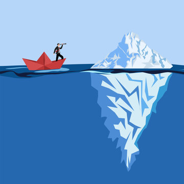 Business people navigating a ship through icebergs, symbolizing business challenges, risk management, and strategic navigation in uncertain