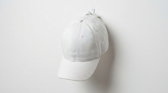 White baseball cap hanging on wall
