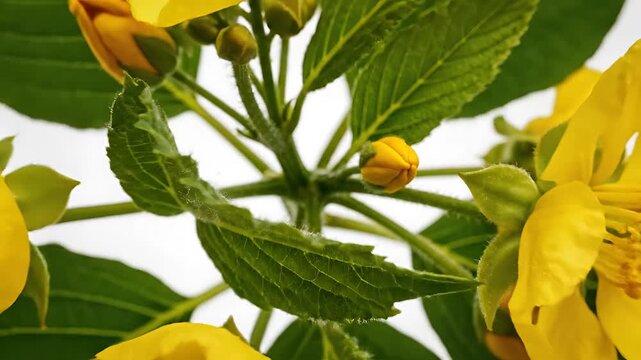 Closeup of vibrant yellow Senna flowers blooming in lush green foliage.