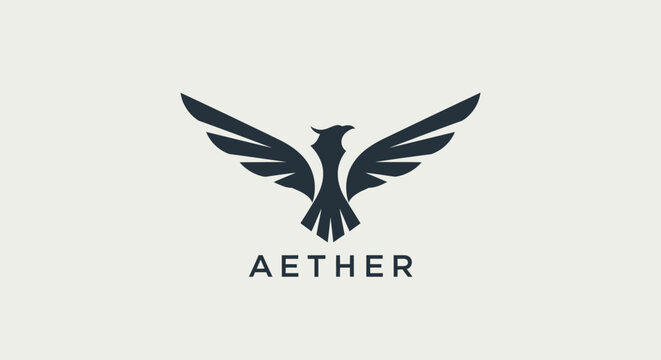 Minimalist dark blue phoenix logo with spread wings and text 'AETHER' on a light grey background.