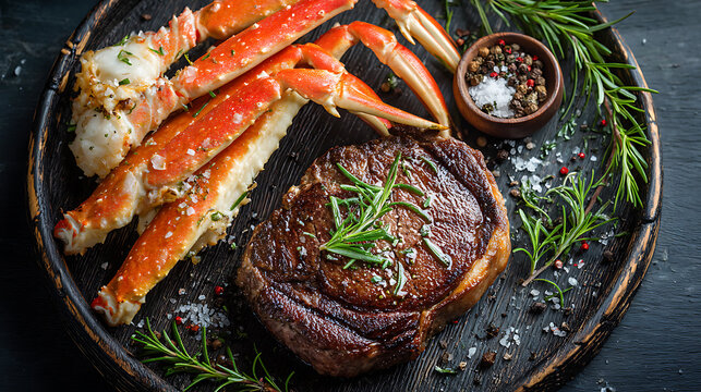 A luxurious dinner consisting of meat and seafood