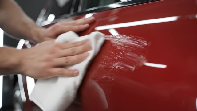 Person polishing red car surface