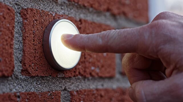 Finger pressing illuminated button on brick wall