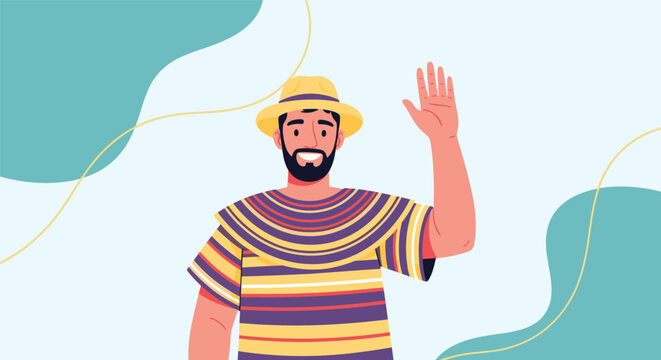 Cheerful man with a beard wearing a straw hat and a colorful striped poncho waving hello against a soft teal abstract background pattern.