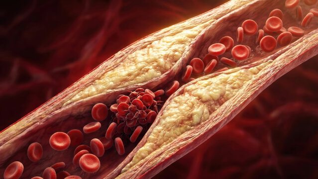 Medical illustration of plaque buildup and thrombus formation in an artery, showing red blood cells.