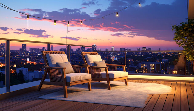 Outdoor patio lounge chairs sunset cityscape