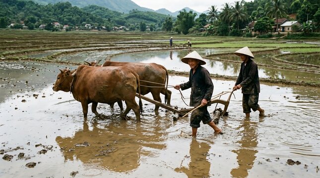 Farmers plowing rice field with oxen in traditional Asian rural landscape