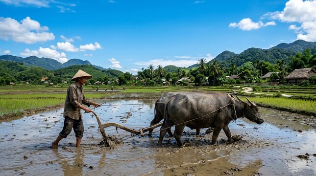 Asian farmer plowing rice field with oxen