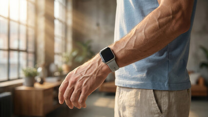 Fototapeta premium Close-up of a man's arm wearing a modern smartwatch in a sunlit home interior.