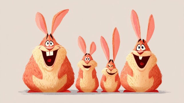 Four stylized, plump rabbits display cheerful expressions arranged across a muted background