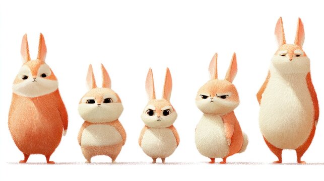Group of five stylized, fluffy rabbits displaying various grumpy expressions standing in a row