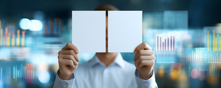 Businesswoman holding a blank white sign covering his face with a blurred background of a modern office and glowing digital business charts.