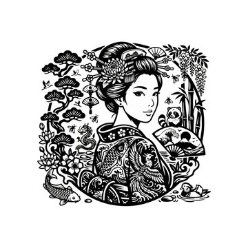 Geisha Girl with Traditional Japanese Tattoo Vector Illustration, Minimalist Black and White Kimono Woman, Irezumi Dragon Icon