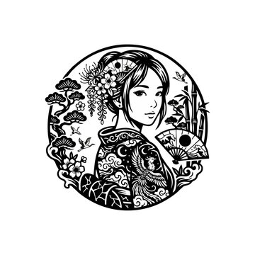 Geisha Girl with Traditional Japanese Tattoo Vector Illustration, Minimalist Black and White Kimono Woman, Irezumi Dragon Icon